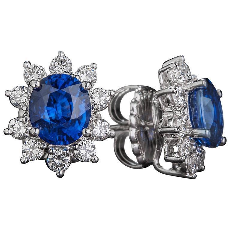 5 Karat Blauer Saphir Cluster Aus der Erde Abgebauter Natürlicher Diamant Damen Ohrstecker Weißgold