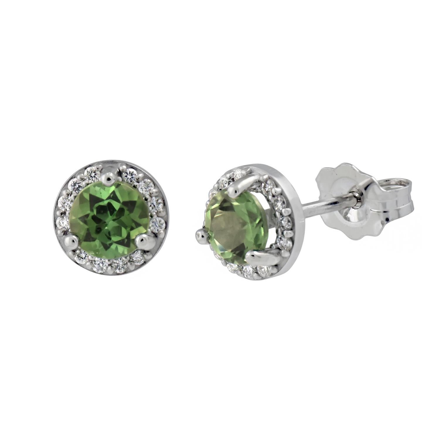 5,24 ct runder grüner Turmalin-Aus der Erde Abgebauter Natürlicher Diamant-Ohrstecker 14K Weißgold