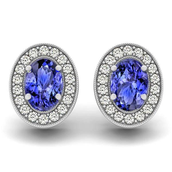 6 Karat Halo Blue Tansanit und Aus der Erde Abgebauter Natürlicher Diamant Ohrstecker 14K Weißgold
