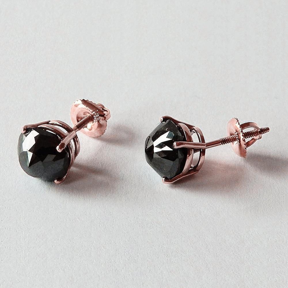 6 Karat Ohrstecker Kissen Aus der Erde Abgebauter Natürlicher Diamant Schwarz Eyeclean Roségold