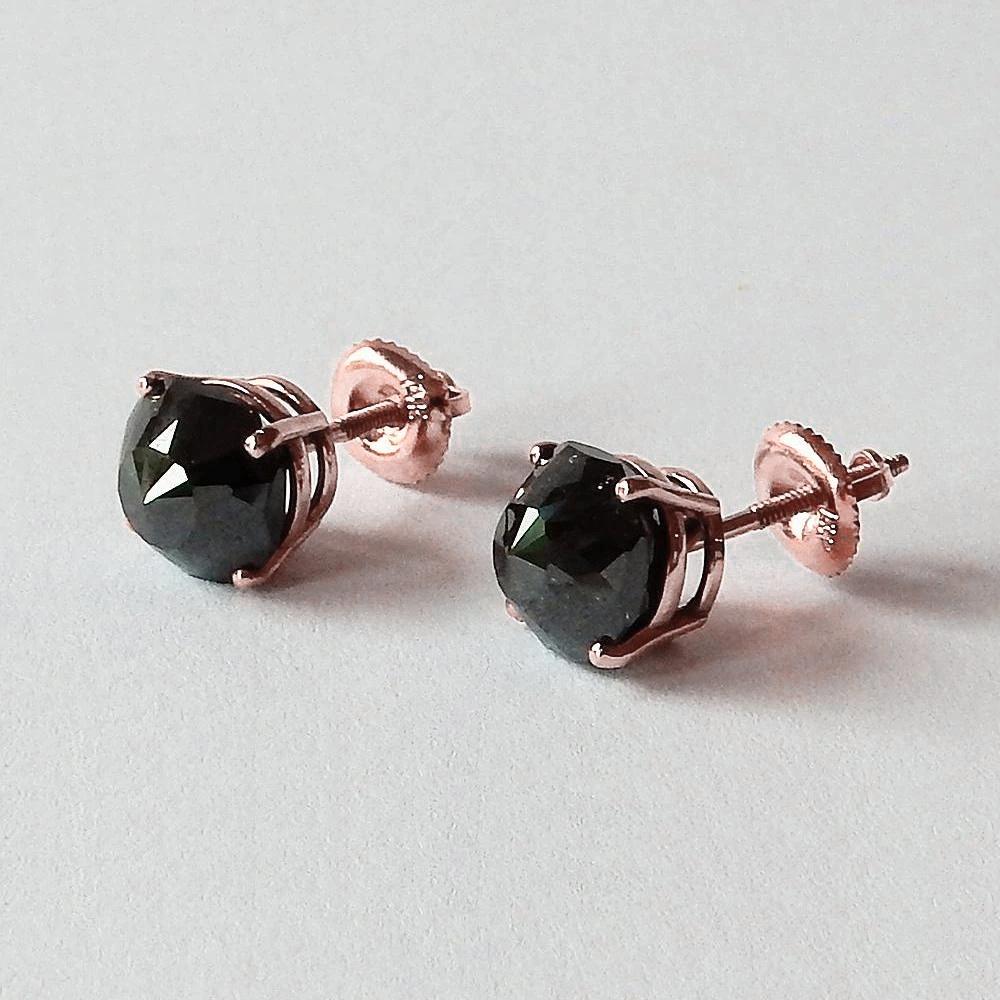 6 Karat Ohrstecker Kissen Aus der Erde Abgebauter Natürlicher Diamant Schwarz Eyeclean Roségold