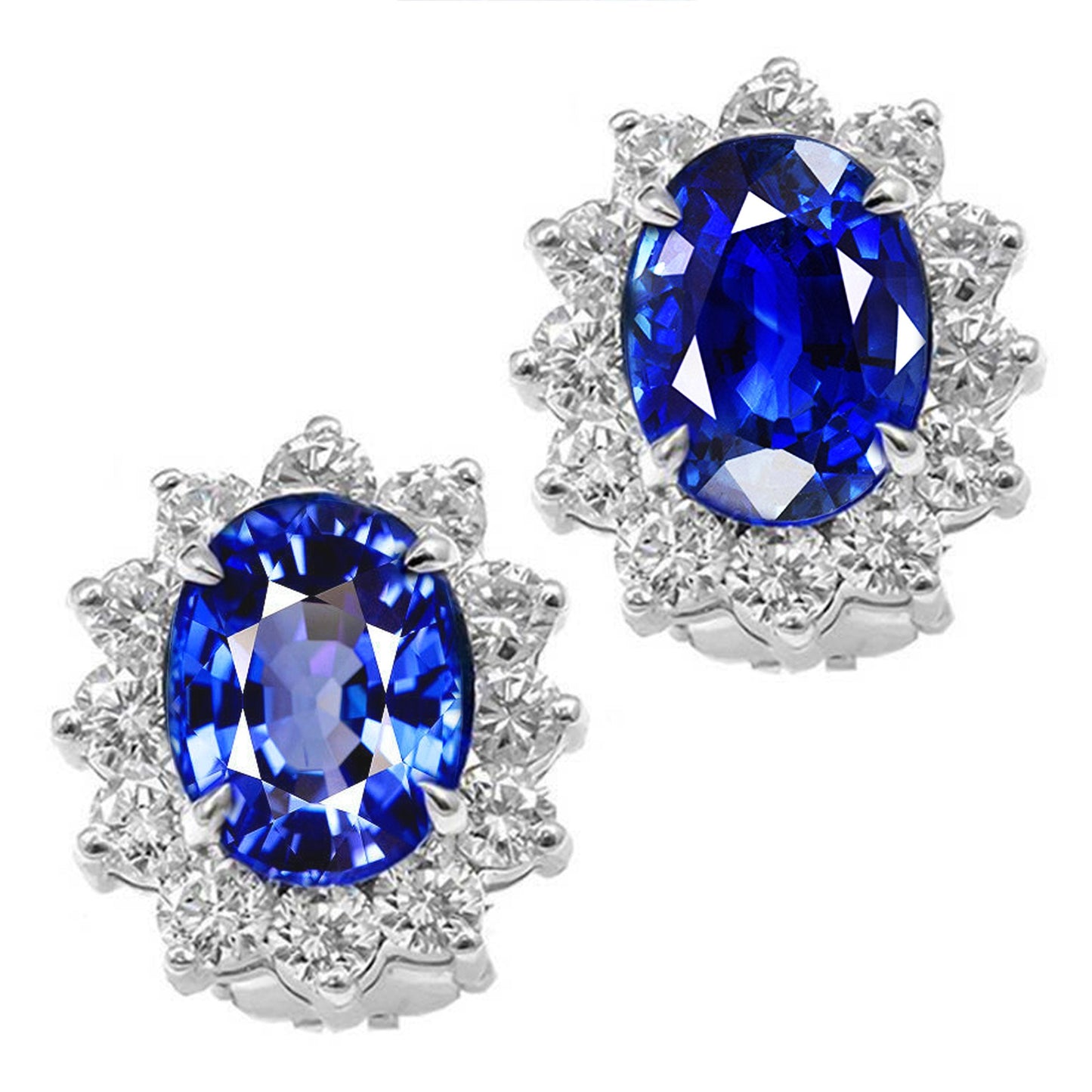 6 ct. Blauer ovaler Saphir-Cluster-Ohrring mit rundem Aus der Erde Abgebauter Natürlicher Diamant