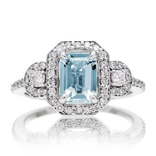 6,25 ct Smaragdschliff Aquamarin und kleine Diamanten Ring Weißgold - harrychadent.de