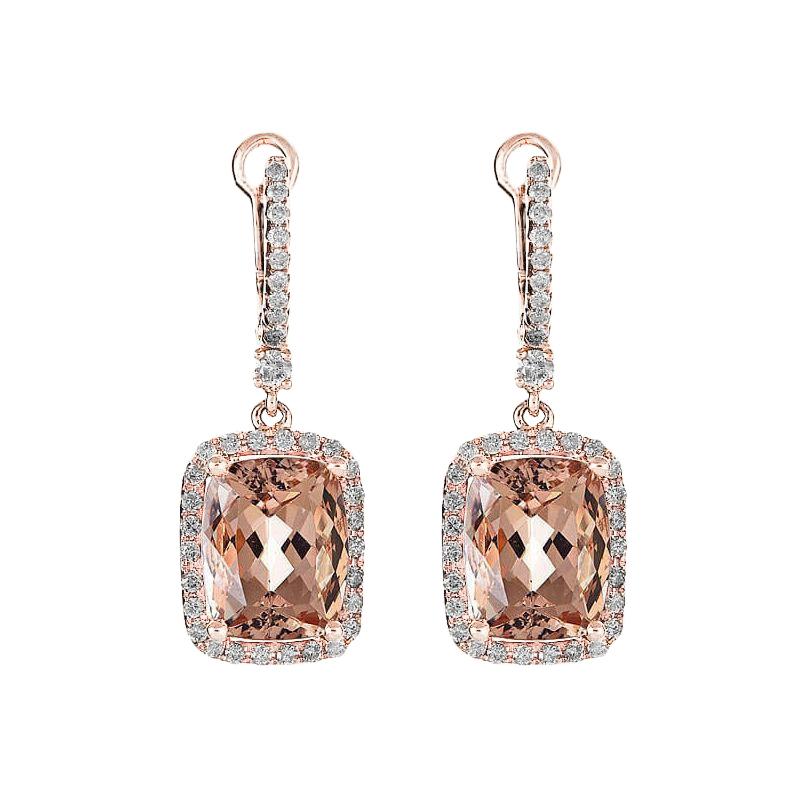 9 Karat Morganit Ohrhänger mit kleinem Aus der Erde Abgebauter Natürlicher Diamant Roségold 18K