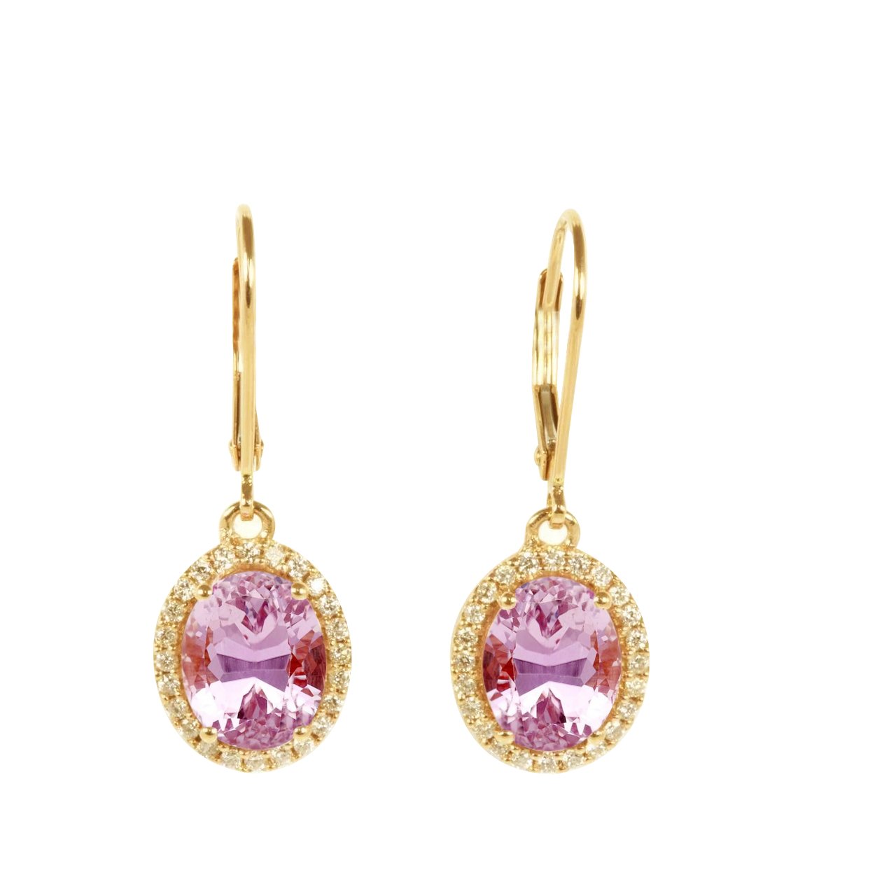9 ct. Ovaler rosafarbener Kunzit mit Aus der Erde Abgebauter Natürlicher Diamantohrring Gelbgold 14K