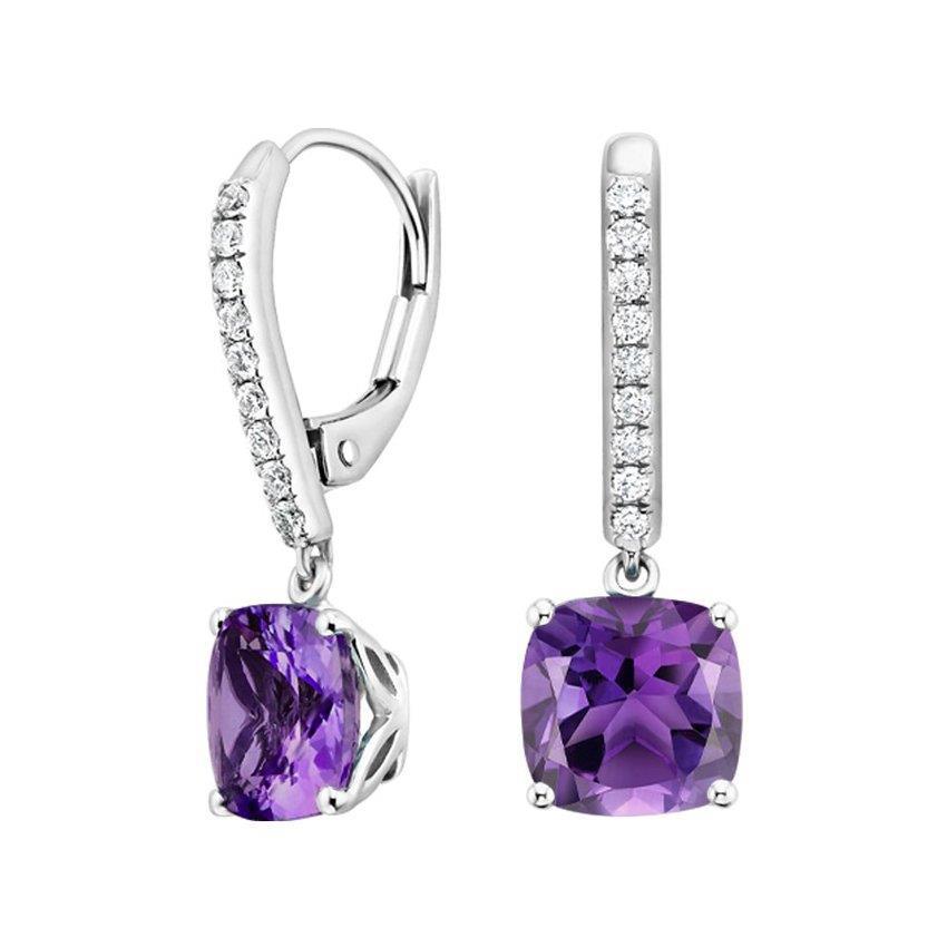 Amethyst & Aus der Erde Abgebauter Natürlicher Diamant Ohrhänger Krappenset 10.18 ct. Weißgold 14K