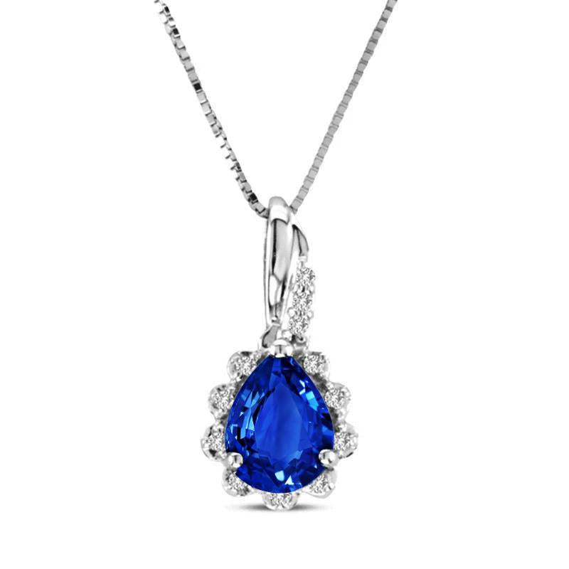 Anhänger Halskette Ceylon Blauer Saphir Aus der Erde Abgebauter Natürlicher Diamanten 2.10 Kt Weißgold 14K