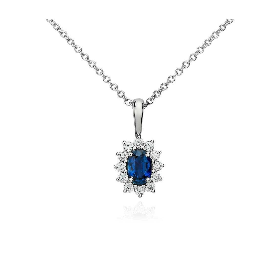 Anhänger Halskette Ceylon Saphir mit Aus der Erde Abgebauter Natürlicher Diamanten 3.20 ct Weißgold 14K