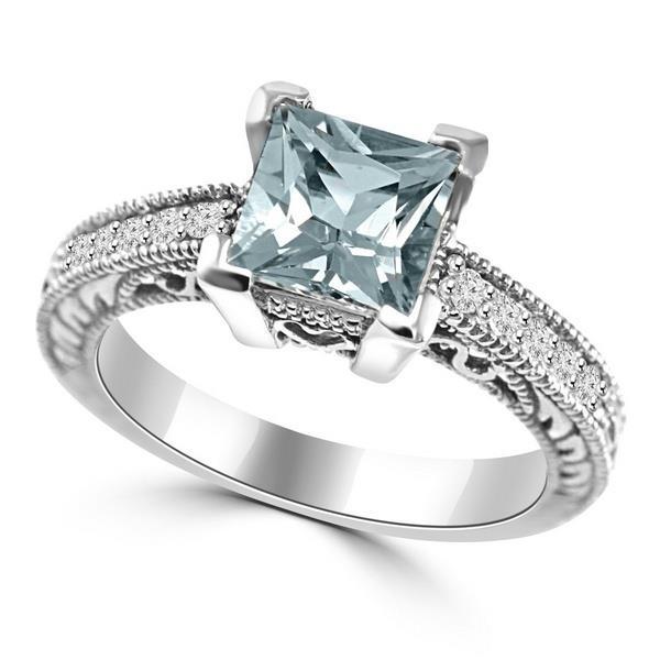Aquamarin im Princess-Schliff mit runden Diamanten 16 Karat Ring Weißgold - harrychadent.de
