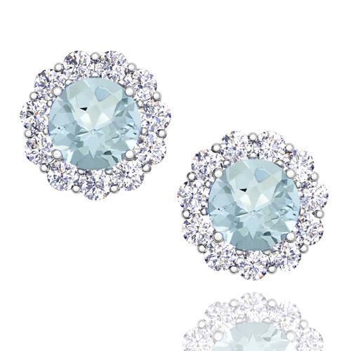 Aquamarin im Rundschliff mit Halo-Aus der Erde Abgebauter Natürlicher Diamant-Ohrstecker 7 Karat WG 14K