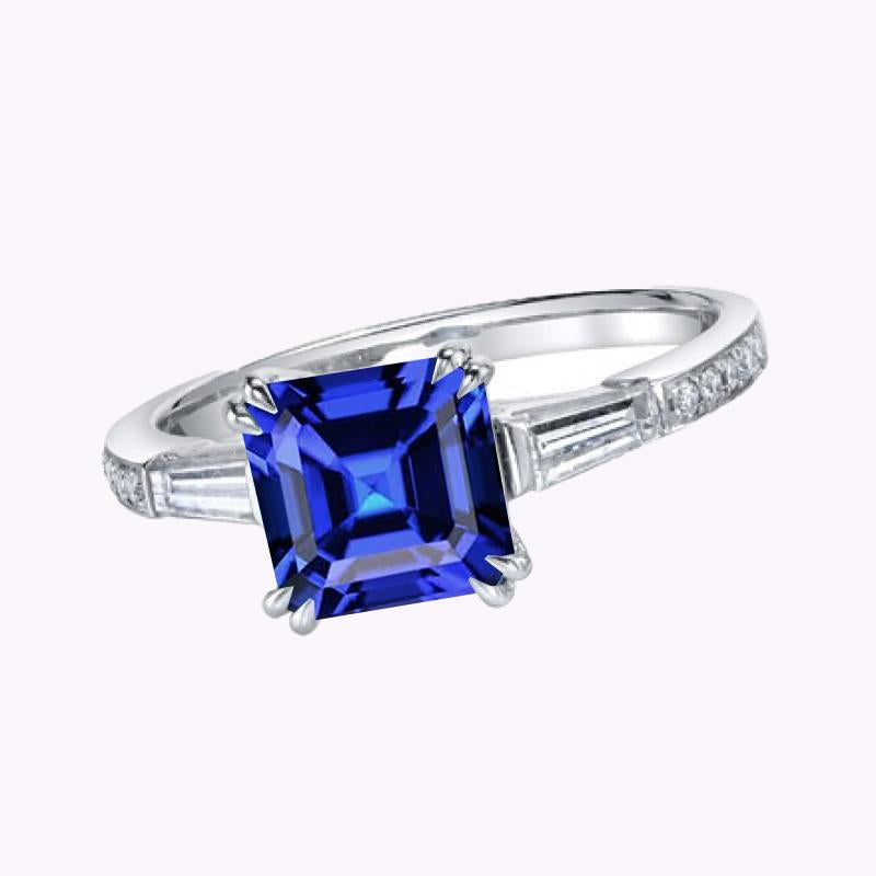 Asscher Saphirring im 3-Stein-Stil 3 Karat Baguette & runde Diamanten - harrychadent.de