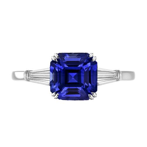 Baguette-Diamant-Ring mit 3 Steinen Tiefblauer Saphir im Asscher-Schliff 2 Karat - harrychadent.de
