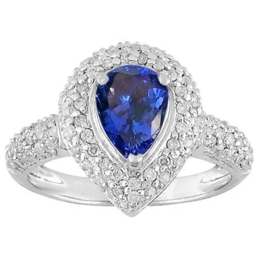 Birne Tansanit Halo Pave Aus der Erde Abgebauter Natürlicher Diamanten 4,40 Karat Fancy Ring WG 14K Schmuck