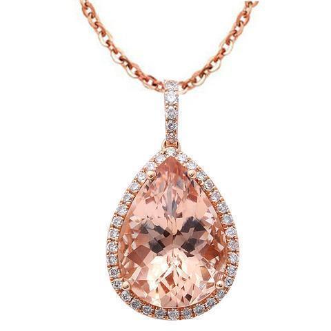 Birnen-Morganit-Anhänger mit Aus der Erde Abgebauter Natürlicher Diamanten 26 Kt. Roségold 14K