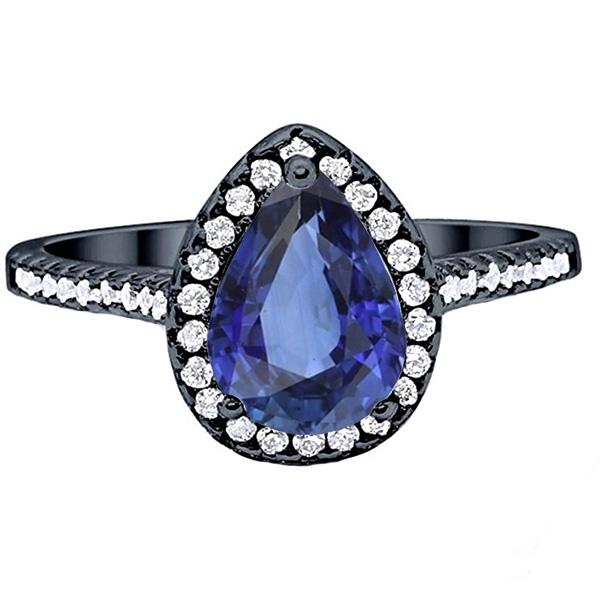 Birnenförmiger Halo-Ring aus Schwarzgold, blauer Saphir und Diamanten, 4 Karat - harrychadent.de