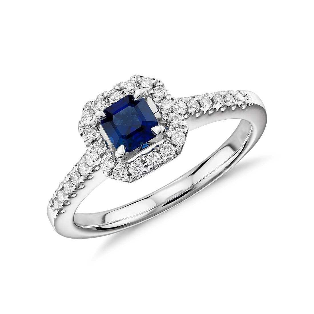 Blauer Saphir-Aus der Erde Abgebauter Natürlicher Diamant-Ring im Asscher-Schliff Weißgold 1.55 Karat