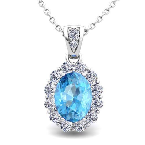 Blauer Topas & Aus der Erde Abgebauter Natürlicher Diamant Halo Edelstein Anhänger Halskette 10.90 Ct. WG 14K