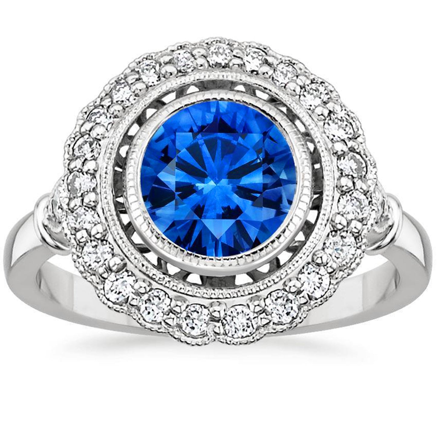 Blauer runder Saphir Halo Diamantring 3,20 Karat Weißgold 14K - harrychadent.de
