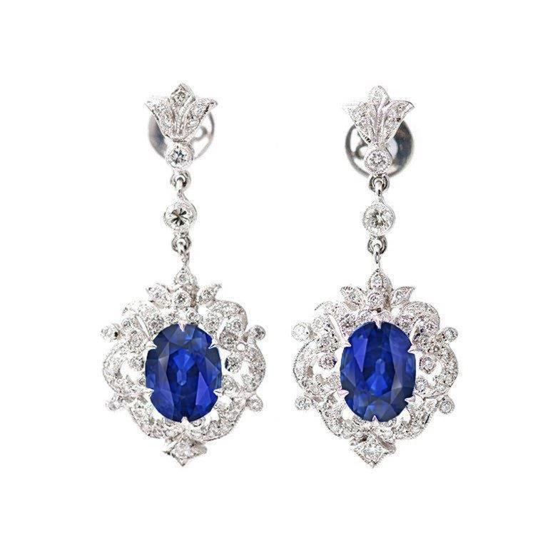 Ceylon Saphir Aus der Erde Abgebauter Natürlicher Diamant Ohrhänger Weißgold Damen Schmuck 3 Ct