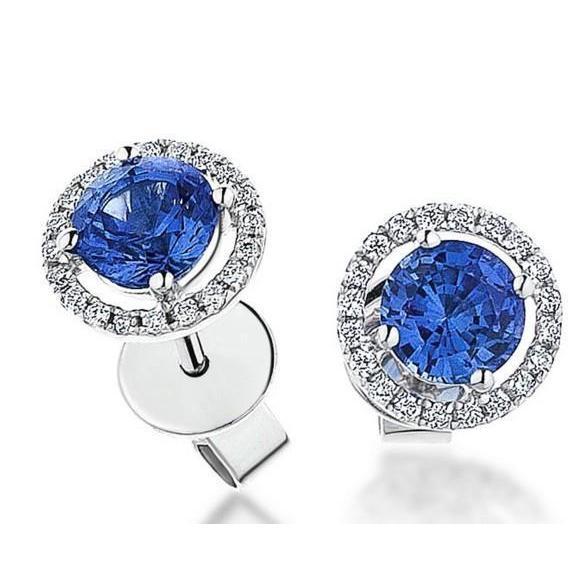 Ceylon Saphir & Halo Aus der Erde Abgebauter Natürlicher Diamant Damen Ohrstecker 4.40 ct. Weißgold 14K