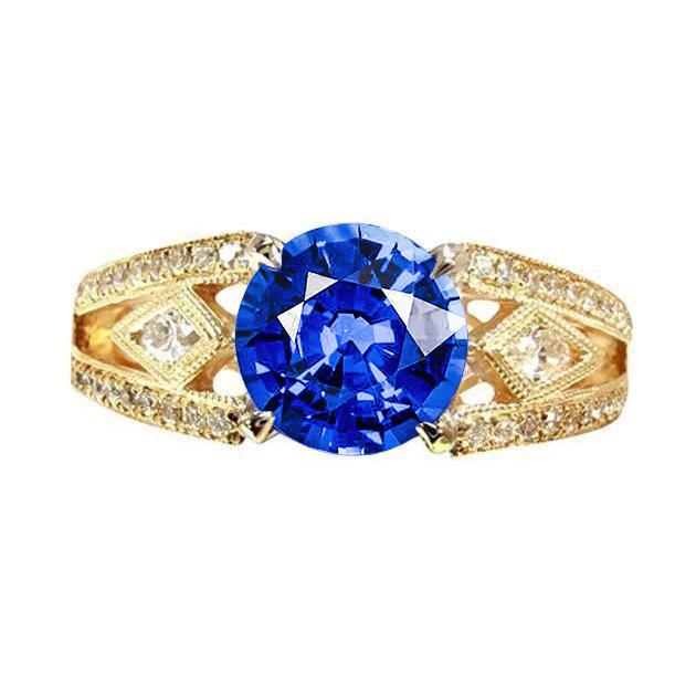 Ceylon Saphir Runde Aus der Erde Abgebauter Natürlicher Diamanten 3.76 Ct Ring Antik-Stil