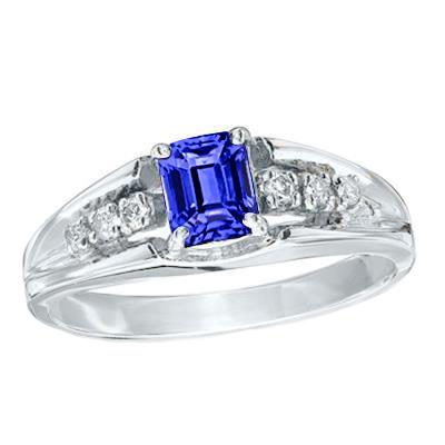 Ceylon-Saphir im Smaragdschliff mit runden Aus der Erde Abgebauter Natürlicher Diamanten 1.30 ct Ring