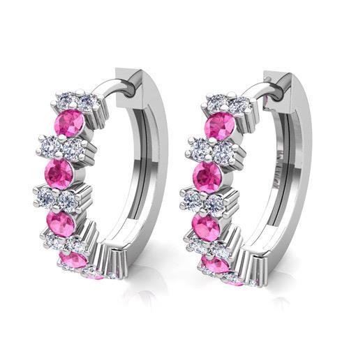 Damen Creolen 9.60 Kt Rosa Saphir Und Aus der Erde Abgebauter Natürlicher Diamanten Weißgold 14K