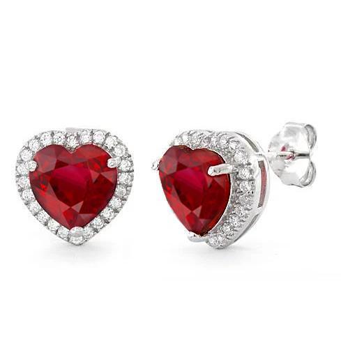 Damen Ohrstecker Halo 7.50 Ct. Rubin und Aus der Erde Abgebauter Natürlicher Diamanten Weißgold 14K