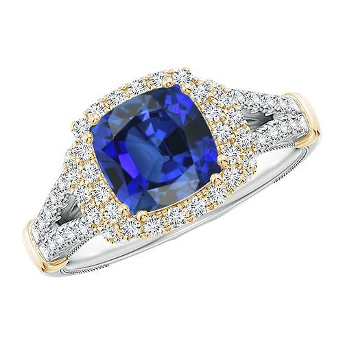 Damen Zweifarbiger Diamant Ring Kissen Blauer Saphir Gold 14K 3,25 Karat - harrychadent.de