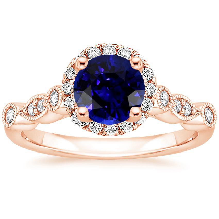 Damenring runder blauer Saphir & Diamanten 4 Karat Milgrain Roségold - harrychadent.de
