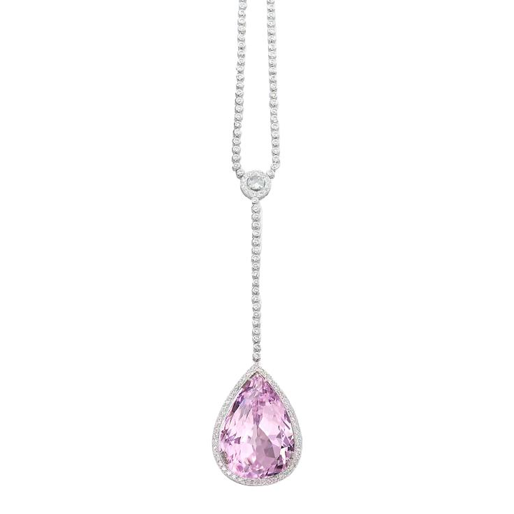 Aus der Erde Abgebauter Natürlicher Diamant Halskette 16 Kt Pink Pear Cut Kunzit Anhänger Goldschmuck