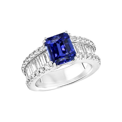 Diamantring Blauer Strahlender Saphir 3,50 Karat Kanalset Baguettes - harrychadent.de
