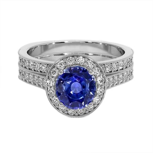 Diamantring im antiken Stil, 6 Karat, rund, blauer Saphir, Weißgold - harrychadent.de