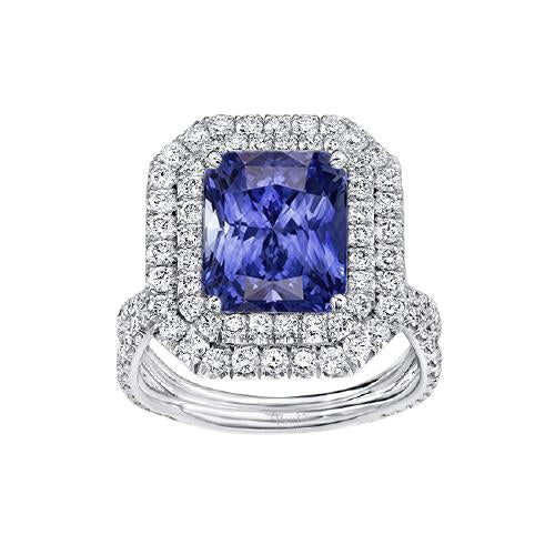 Doppelter Halo-Diamant-Gold-Saphir-Verlobungsring mit geteiltem Schaft 4 Karat - harrychadent.de