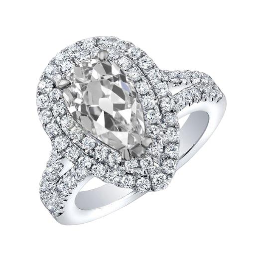 Doppelter Halo-Ring Birne Altschliff Diamant 5,15 Karat Split Shank - harrychadent.de