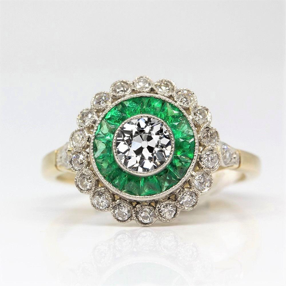 Doppelter Halo Runder Altschliff Diamantring Grüne Saphire 4 Karat - harrychadent.de