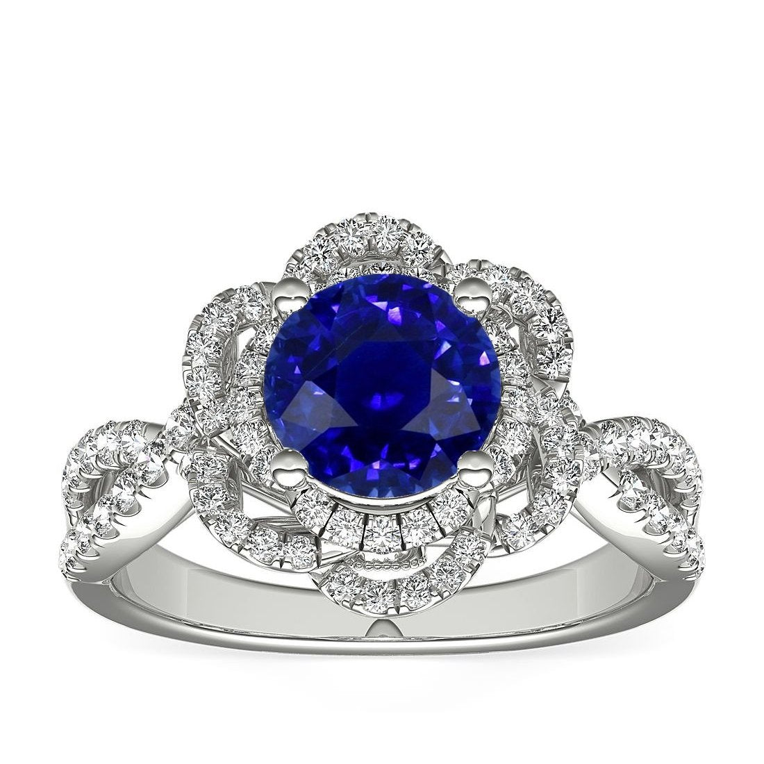 Doppelter Halo runder blauer Saphirring im Blumenstil 5 Karat geteilter Schaft - harrychadent.de