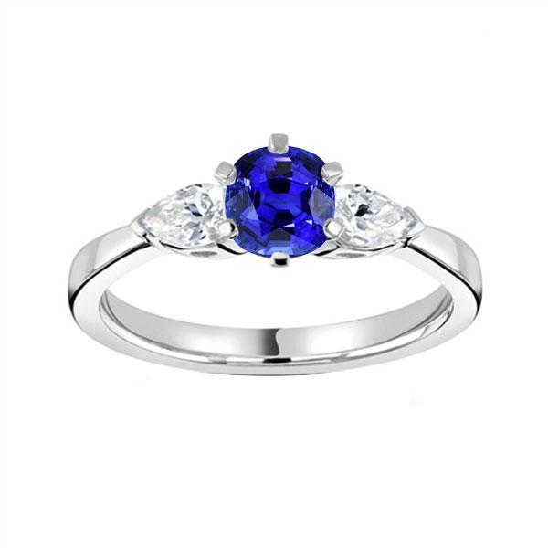 Drei Steine runder blauer Saphirring & Birnendiamanten 1,25 Karat - harrychadent.de