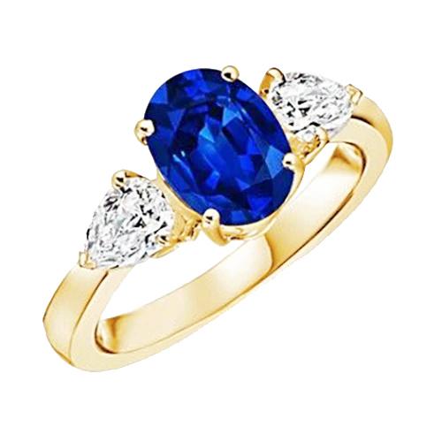 Gelbgold Ovaler blauer Saphir & Birnendiamant 3 Steine Ring 5,25 Karat - harrychadent.de