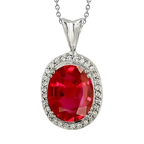 Großer roter Rubin mit kleinen Aus der Erde Abgebauter Natürlicher Diamanten 7,30 ct. Halskette mit Anhänger Gold 14K