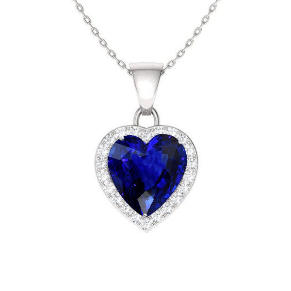 Halo Anhänger Herz Ceylon Saphir & Aus der Erde Abgebauter Natürlicher Diamant Halskette 3 Karat