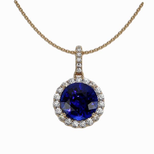 Halo-Anhänger mit rundem Aus der Erde Abgebauter Natürlicher Diamant und blauem Saphir Gelbgold 3,50 Karat
