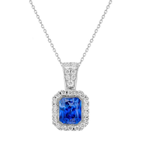 Halo-Anhängerkissen für Damen Ceylon-Saphir & Aus der Erde Abgebauter Natürlicher Diamant 2,25 Karat