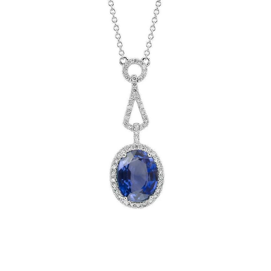 Halo Blue Saphir und Aus der Erde Abgebauter Natürlicher Diamanten Anhänger Halskette 4 Karat Gold 14K