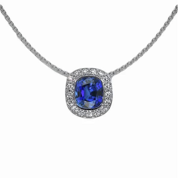 Halo Cushion Ceylon-Saphir & runder Diamant-Anhänger 2 Karat