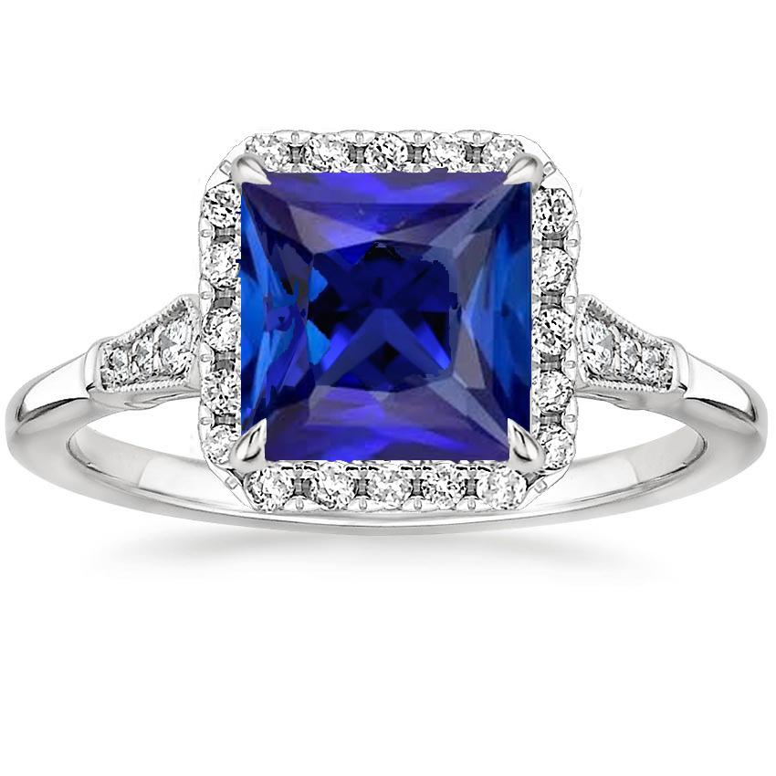 Halo Diamant & Ceylon Saphir Ring im antiken Stil Weißgold 6 Karat - harrychadent.de