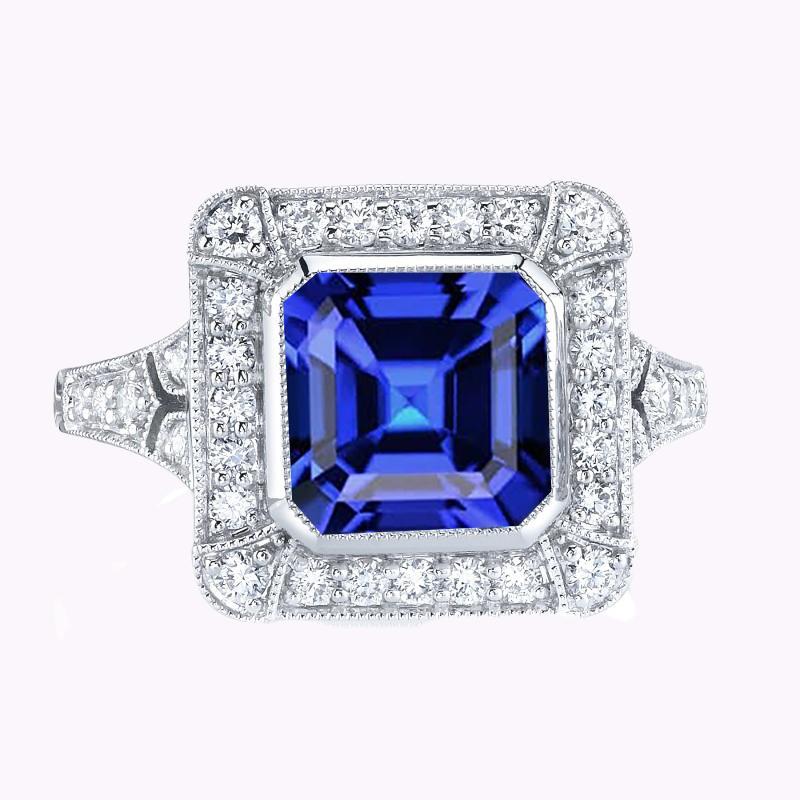 Halo Diamant Saphir Ring Asscher Lünette Set Milgrain Schaft 4 Karat - harrychadent.de