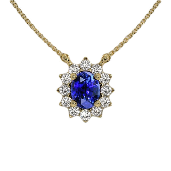 Halo Halskette mit ovalem blauem Saphir und rundem Aus der Erde Abgebauter Natürlicher Diamantanhänger, 3,50 Karat