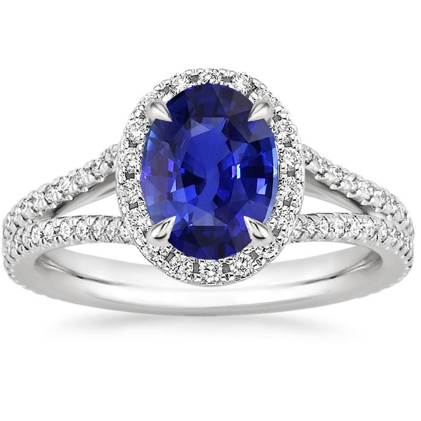 Halo Ring Oval Ceylon Saphir & Diamanten V Split Shank 4 Karat - harrychadent.de