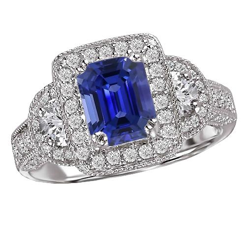Halo Runden & Half Moon Diamant Blauer Saphir Ring Smaragdschliff 4 Karat - harrychadent.de